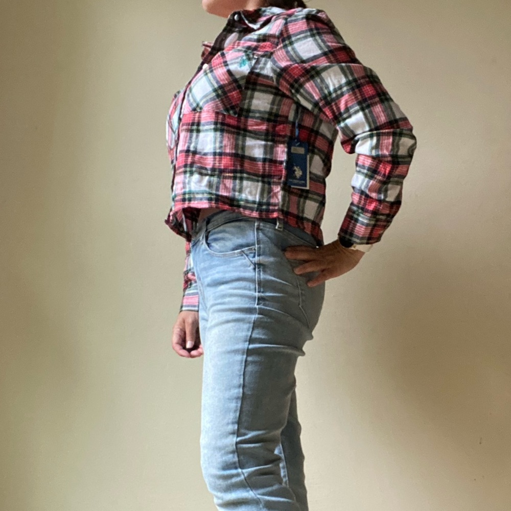 US Polo Assn plaid cropped flannel shirt red green black white winter fall cozy